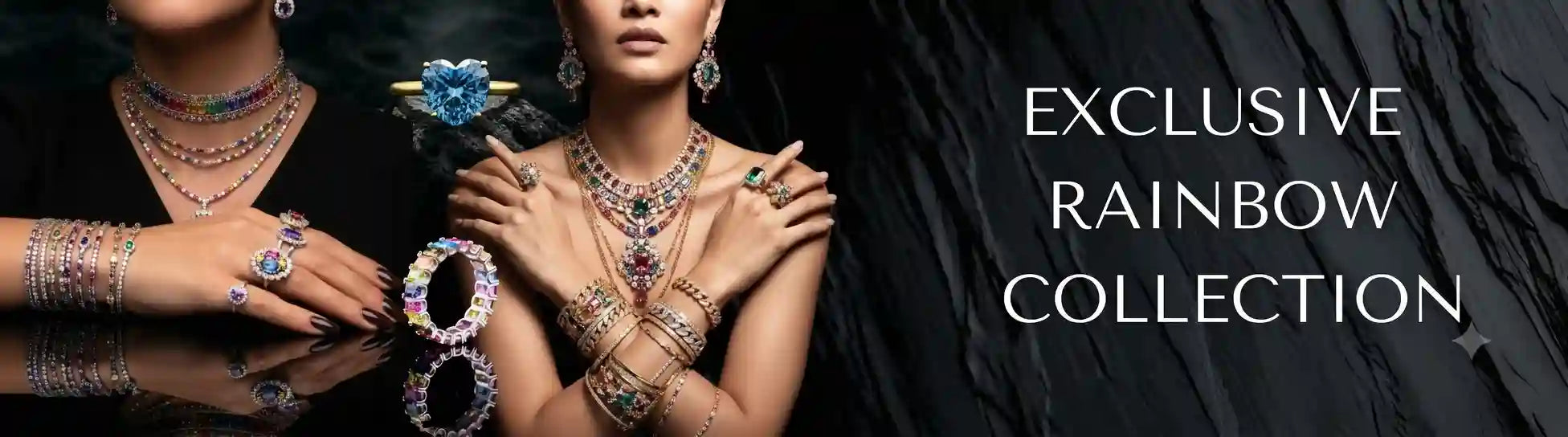 Promotional banner for the 'Exclusive Rainbow Collection' showing models wearing elaborate gold and silver jewelry, 