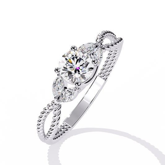 Round Cut Moissanite Rope Band Ring with Marquise Side Stones - view 4
