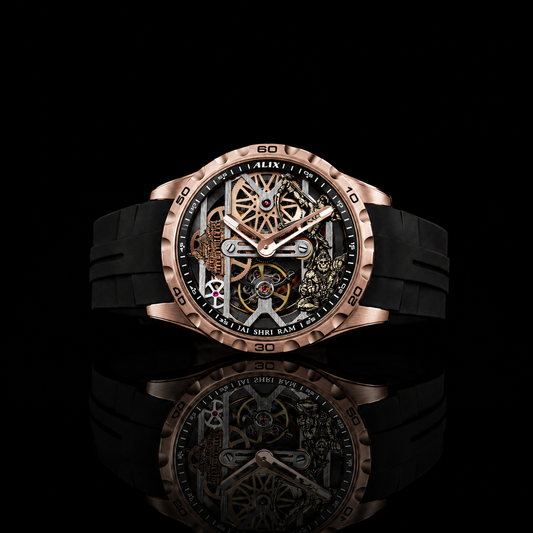 Luxury Rose Gold Skeleton Mechanical Watch with Black Rubber Strap