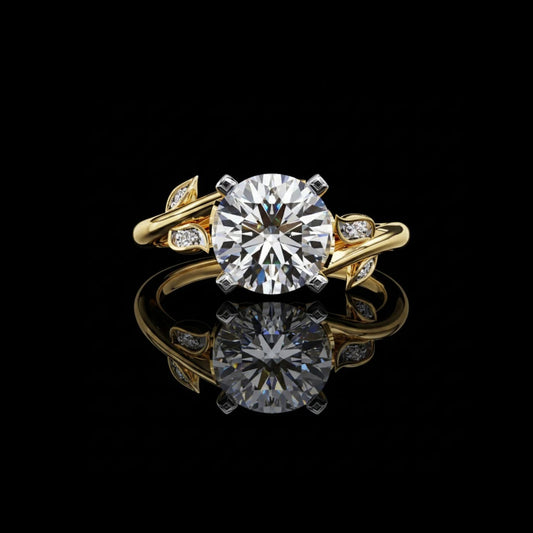 1.74 CT Nature Embrace A Round Cut Moissanite Diamond Ring Adorned with Leaf-Inspired Sparkling Accents