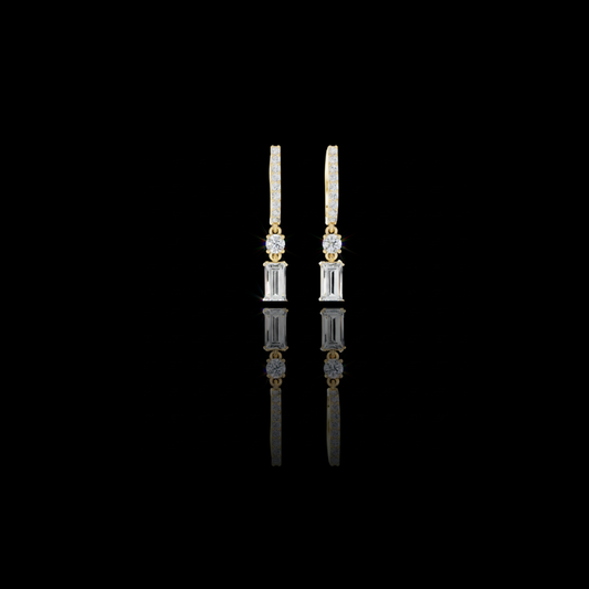 0.68 CT Dazzling Baguette Cut Linear Drop Lab Earrings in Gold with Pave Bar and Round Accent For Cute Girl