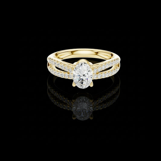 2.00 CT Artfully Crafted Oval Cut Solitaire Moissanite Diamond Ring With Split Shank Pavé Band