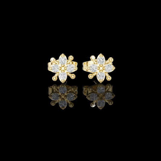 0.14 TCW Floral Star Moissanite Round Diamond Stud Earrings in Gold with Sculpted Petal Accents