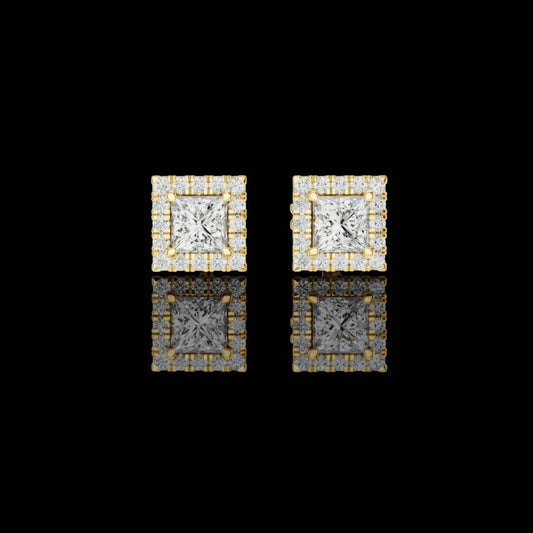 1.00 CT Royal Square Princess Moissanite Diamond Stud Earrings with Halo Round Diamond
