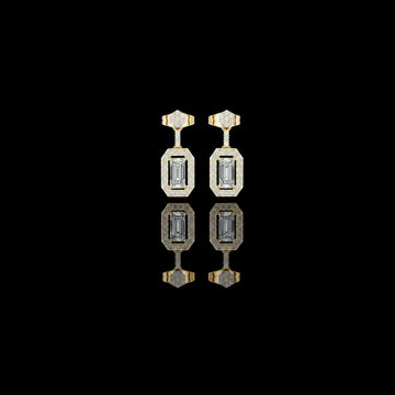 0.69 CT Imperial Emerald Cut Halo Moissanite Drop Earrings Gold with Geometric Brilliance Frame For Classy Girl