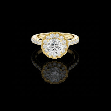 1.5 CT Vintage Inspired Floral Halo Moissanite Grown Diamond Ring in Lustrous Solid Gold For Her