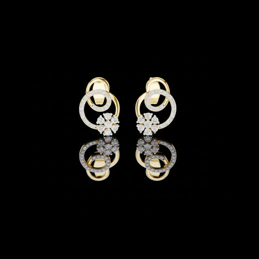 0.42 TCW Cluster Gold Swirl Circle Lab Grown Round Diamond Stud Earrings with Pave Halo Ring