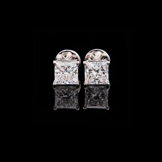 3.00 TCW Premium Princess Cut Moissanite Diamond Stud Earrings in Polished White Gold Brilliant Solitaire Design