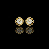 0.52 TCW Ornate Moissanite Diamond Stud Earrings in Sculpted Gold with Floral Beaded Frame