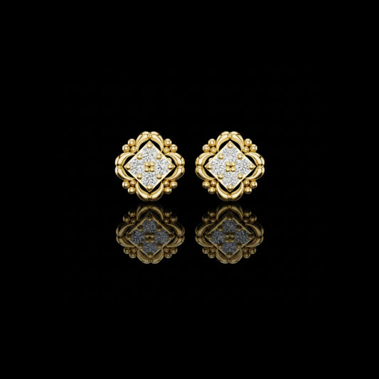 0.52 TCW Ornate Moissanite Diamond Stud Earrings in Sculpted Gold with Floral Beaded Frame