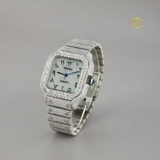 Stunning Lab Grown Diamond-Set Luxury Watch with Emerald Green Numerals and Pave Dial Design