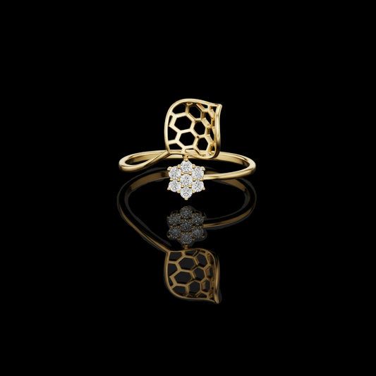 0.011 TCW Honeycomb Inspired Ring with Dazzling Lab Grown Diamond Flower