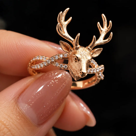 Elegant Rose Gold Deer Antler Ring with Sparkling Diamond Accents and Unique 3D Stag Head Design