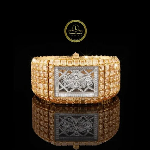 Imperial Majesty Full Gold Diamond Luxury Watch with Asscher and Baguette Cut Stones