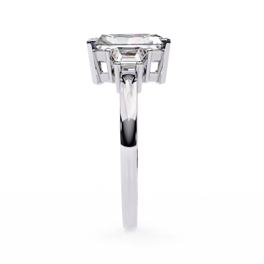 3.03 CT Perfect Radiant Cut Three Stone Ring With Lab Grown Diamond Trapezoid Side Stone Luxury Promise Ring For Her