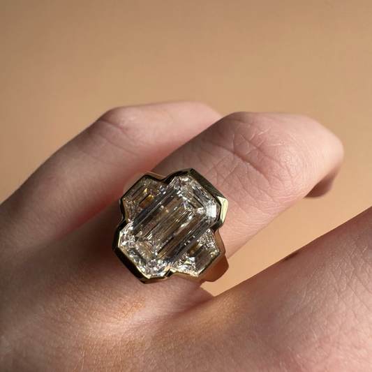Emerald Cut Lab Diamond Three Stone Ring With Wide Band - view 2