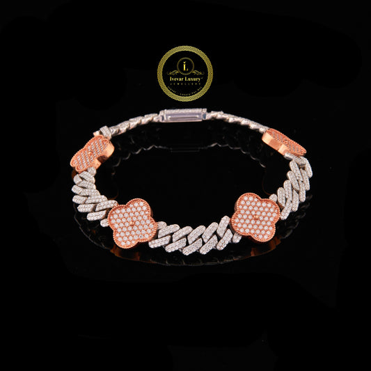 Luxury Two Tone Moissanite Diamond Cuban Bracelet with Clover Accents Hip Hop Jewelry