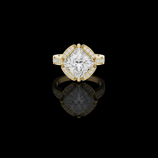 2.15 CT Glamorous Princess Cut Halo With Vintage Inspired Pave all Four Sides Moissanite Diamond in Gold
