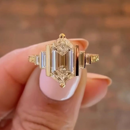 2.85 CT Geometric Antique Cut Lab Diamond Ring in Sleek Gold with Modern Angular Setting and Pave Accents