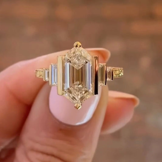 2.85 CT Elongated Hexagon Lab Diamond Engagement Ring with Nature Inspired Design
