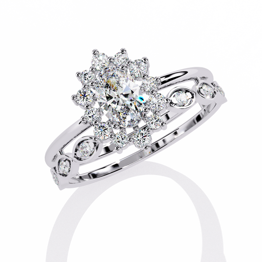 Oval Cut Lab Diamond Floral Halo Wedding Ring With Double Band - view 4