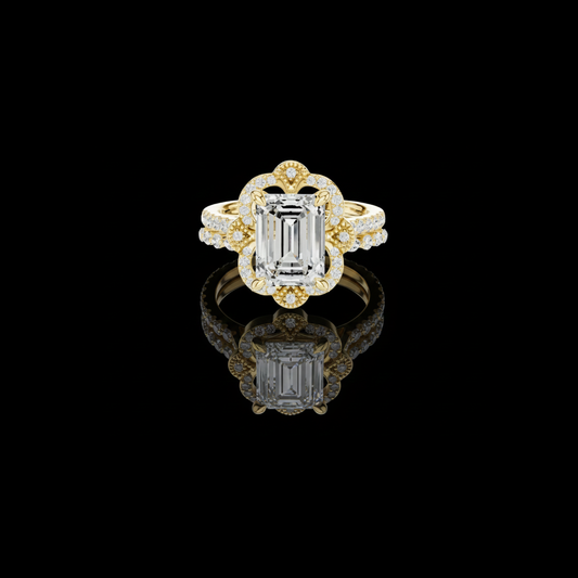 2.92 CT Vintage Inspired Emerald Cut Lab Grown Diamond Ring with Scalloped Halo in Gold