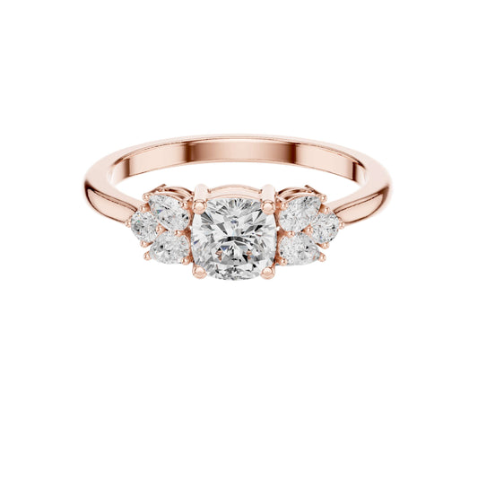 0.65 CT Designer Cushion Cut Lab Grown Diamond Ring with Floral Cluster Side Accents