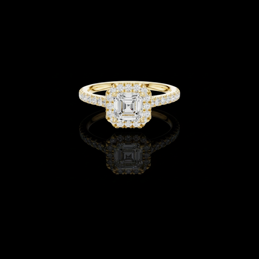 1.00 CT Beautiful Asscher Cut Lab Grown Diamond Halo Ring with Pave Set Diamond Band