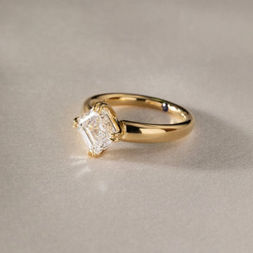 3.50 TCW Bespoke Asscher Cut Lab Solitaire Ring with Slim Rounded Gold Band and Elegant Four Prong Setting