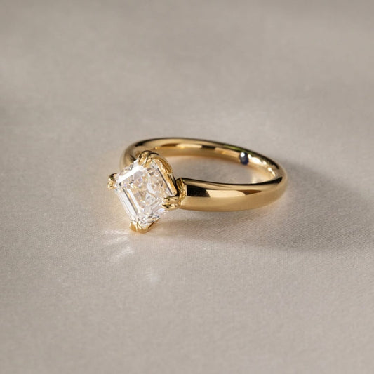 3.50 TCW Bespoke Asscher Cut Lab Solitaire Ring with Slim Rounded Gold Band and Elegant Four Prong Setting