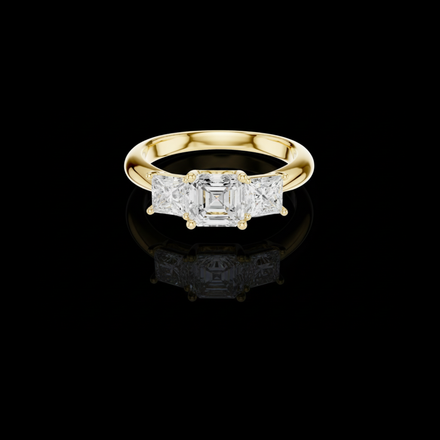 Asscher Moissanite Three Stone Ring With Princess Cut Side Stones