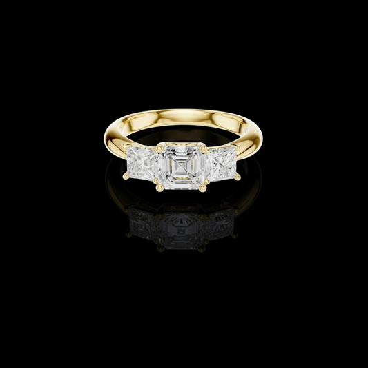 1.80 TCW Shiny Asscher Cut Three Stone Moissanite Diamond Ring with Princess Cut Side Stones