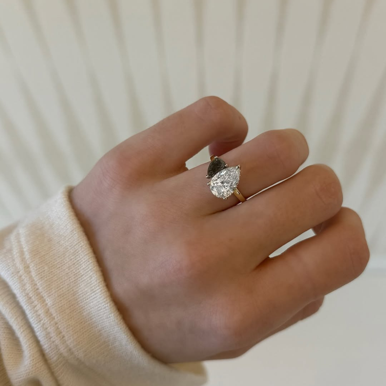 Pear Cut Black and White Moissanite Toi et Moi Ring - view 2