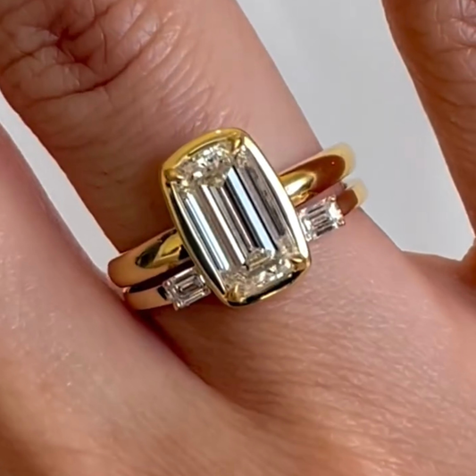 2.70 CT Luxurious Elongated Emerald Cut Lab Grown Diamond Three Stone Asymmetrical Engagement Ring For Her