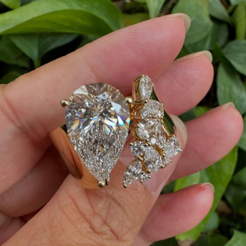 3.00 CT Iconic Pear Cut Moissanite Diamond with Asymmetrical Floral Cluster and Open Shank Luxury Bridal Ring