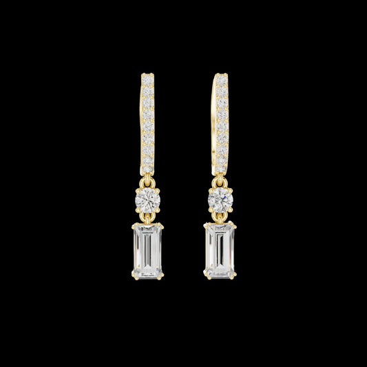 0.68 CT Dazzling Baguette Cut Linear Drop Moissanite Earrings in Gold with Pave Bar and Round Accent For Cute Girl