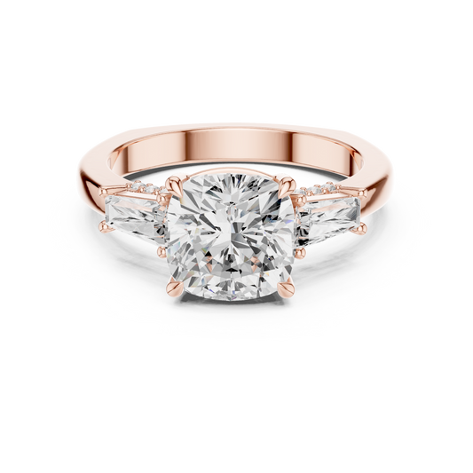 3.00 CT Heirloom Cushion Cut Three Stone Lab Grown Diamond Ring with Baguette Sides