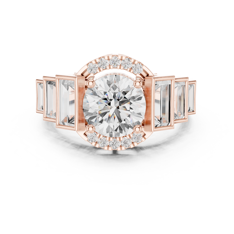 Round Halo Lab Diamond Ring with Tapered Baguette Side Stones - view 2