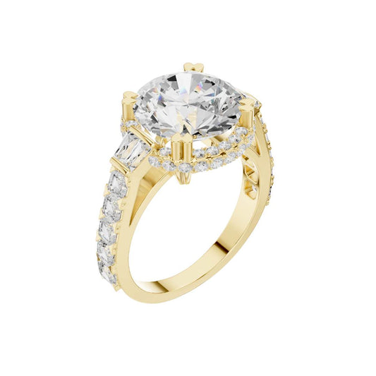 Halo Round Cut Ring with Tapered Baguette Side Stones - view 4