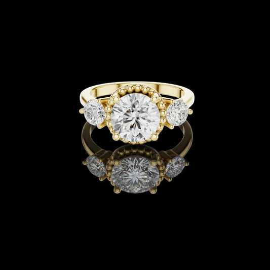 2.00 CT Captivating Round Cut Three Stone Lab Diamond Ring with Beaded Gold Halo Setting