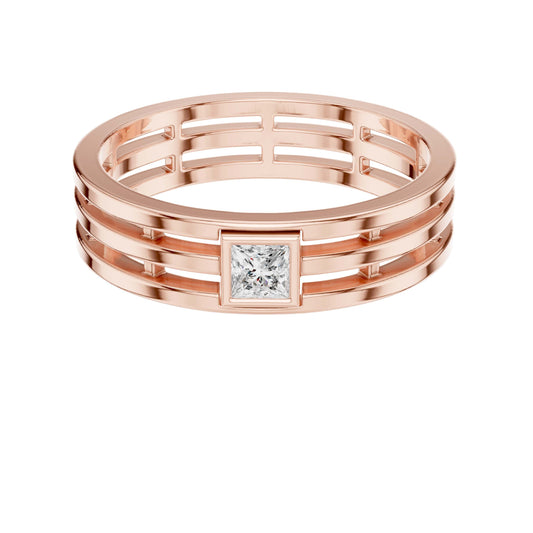 0.15 TCW Contemporary Openwork Band Featuring a Bezel Set Princess Cut Moissanite Diamond