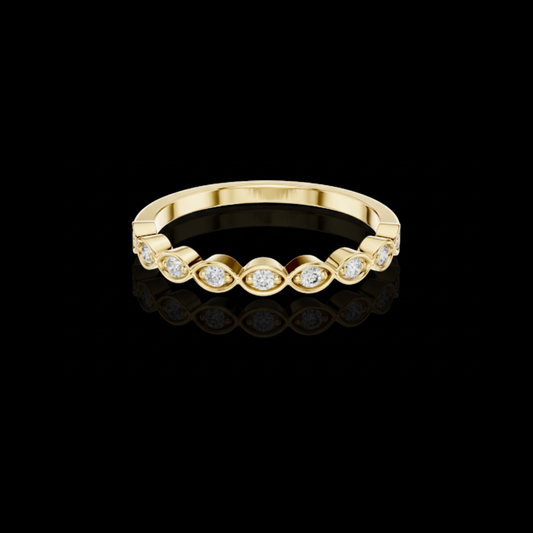 0.11 TCW Delicate Bezel Set Round Moissanite Diamond Band with Marquise Inspired Design