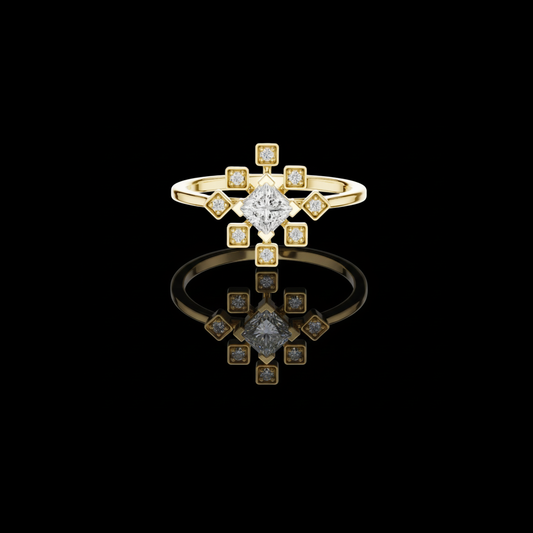 0.60 CT Unique Princess Cut Lab Grown Diamond Starburst Ring with Bezel Set Accent Diamonds