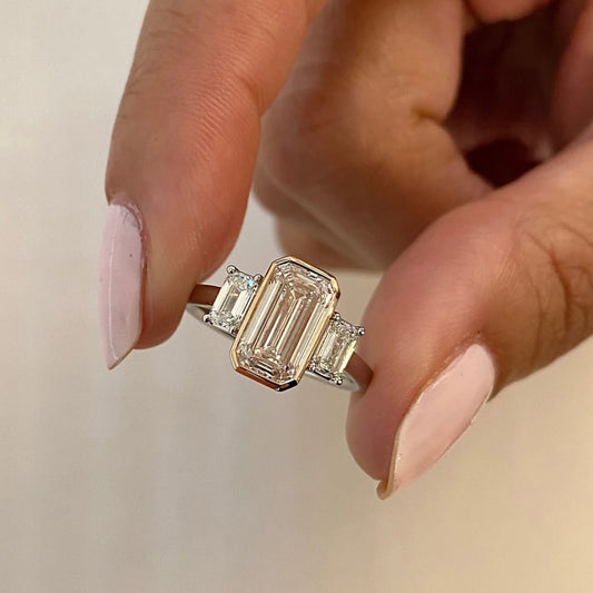 2.05 CT Designer Lab Grown Emerald Cut Bezel Set Three Stone Diamond Ring For Festivals
