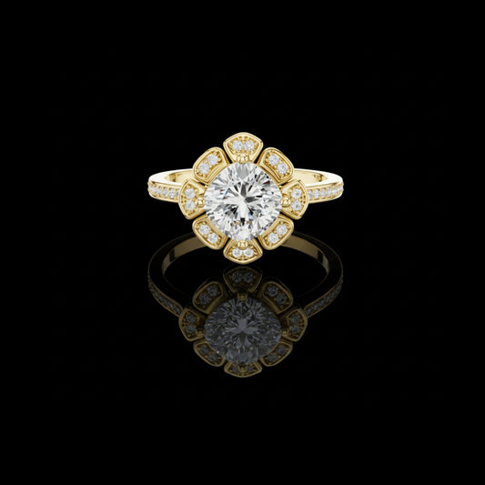 1.51 CT Floral Cushion Cut Moissanite Diamond Ring in Gold with Petal Style Halo and Pave Band