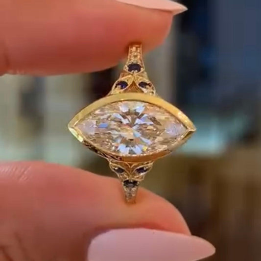 3.00 CT Elegant Moissanite Marquise Cut Diamond Ring with Sapphire Accents Vintage Inspired Luxury