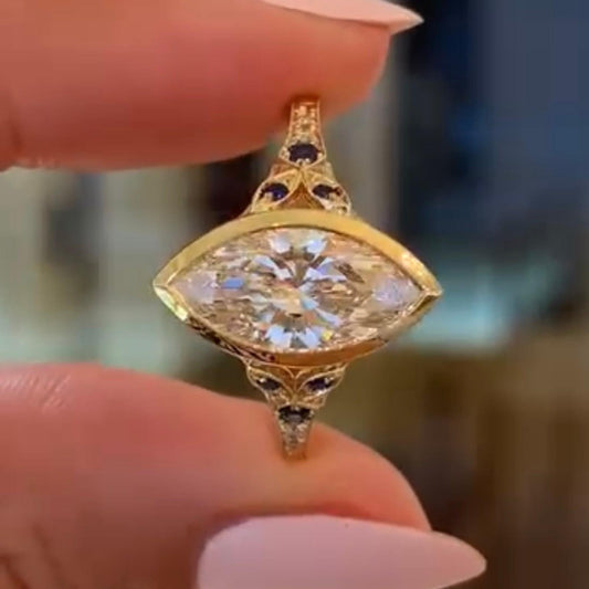 3.00 CT Elegant Lab Grown Marquise Cut Diamond Ring with Sapphire Accents Vintage Inspired Luxury