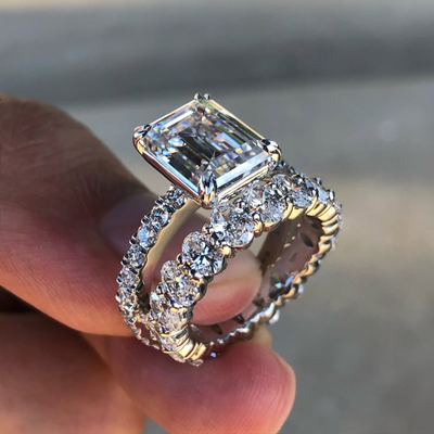 Emerald Cut Lab Diamond Women's Double Claw Eternity Bridal Set