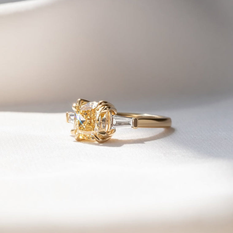 Fancy Yellow Cushion Lab Diamond With Side Baguette Diamond Ring - view 2