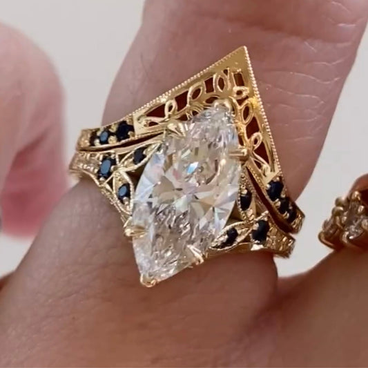Vintage Marquise Cut Lab Diamond Bridal Ring Set - view 4